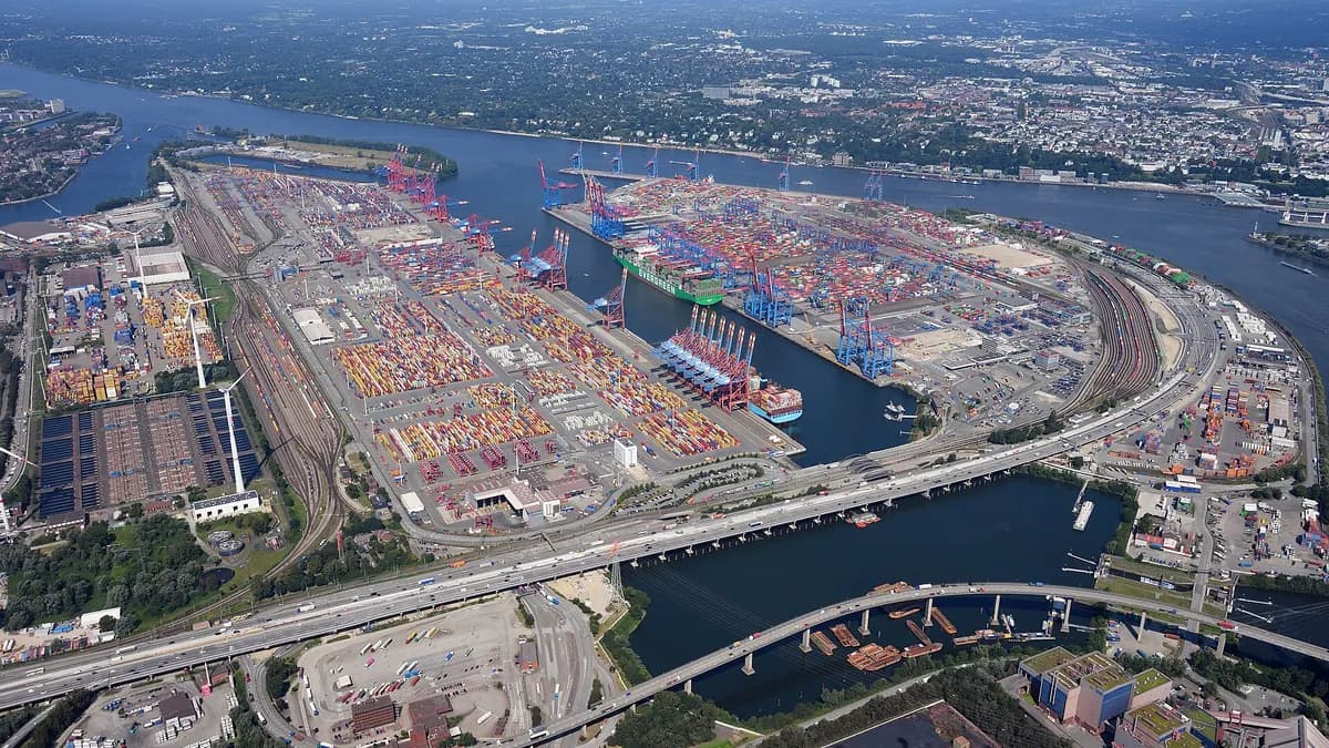 Aerial view of a container terminal in the Port of Hamburg
