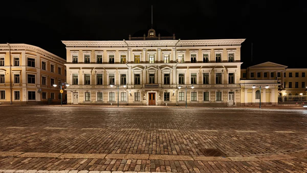 Supreme Court of Finland building on Pohjoisesplanadi at night, Helsinki