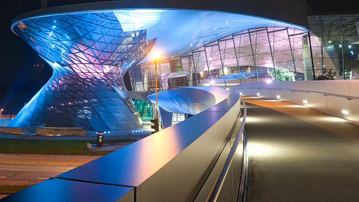 BMW Welt in Munich lit up at dusk