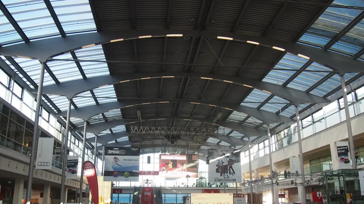 West entrance hall of Messe München during a trade fair