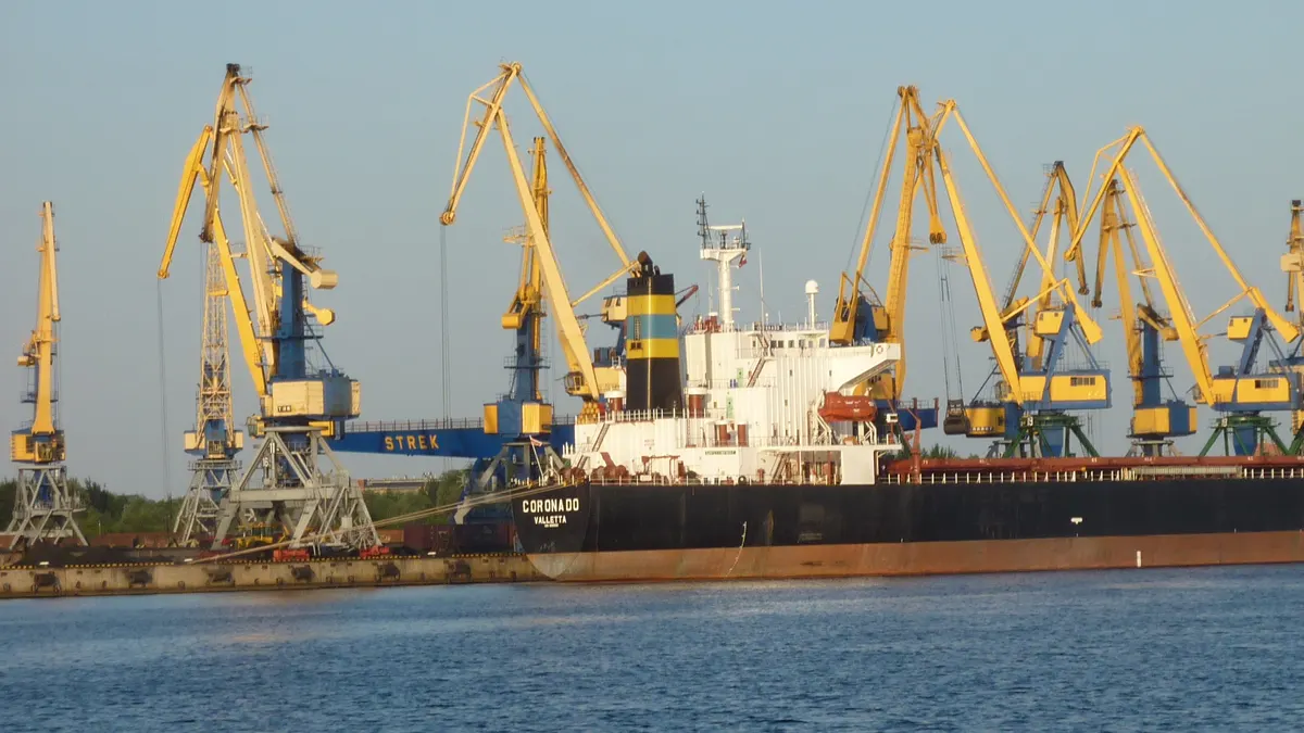 Cranes and a cargo ship at the Freeport of Riga
