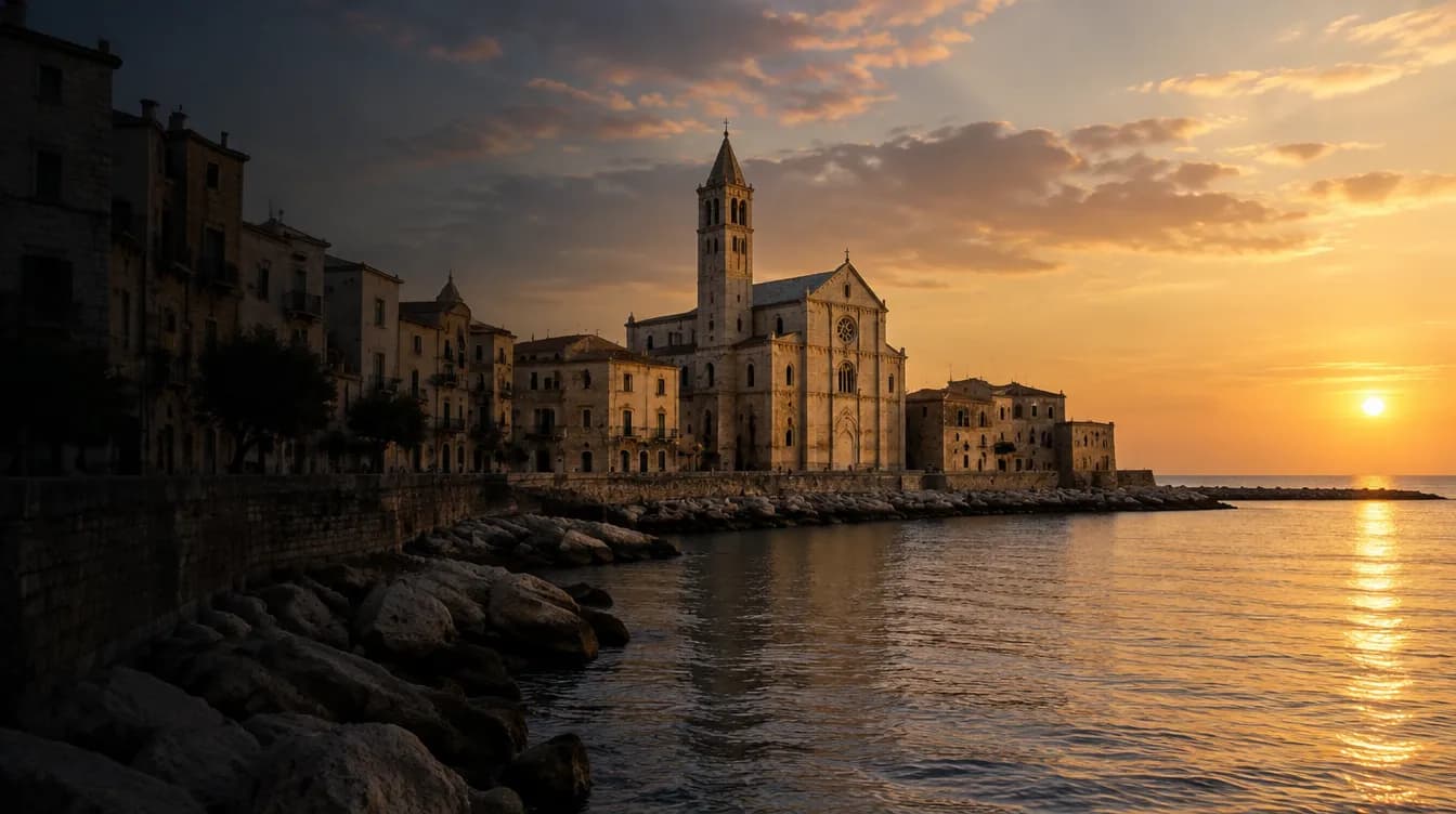 Il lungomare di Bari Vecchia con le mura del centro storico al tramonto