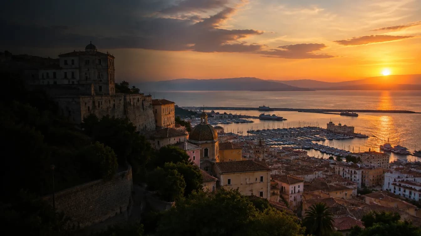 Il quartiere Castello di Cagliari sopra il porto al tramonto