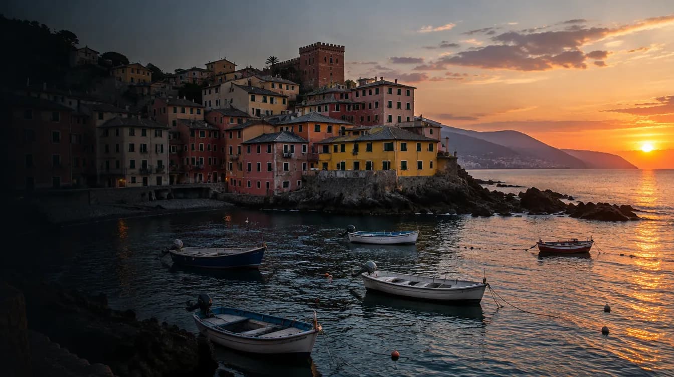 Case colorate e barche da pesca a Boccadasse, Genova, al tramonto