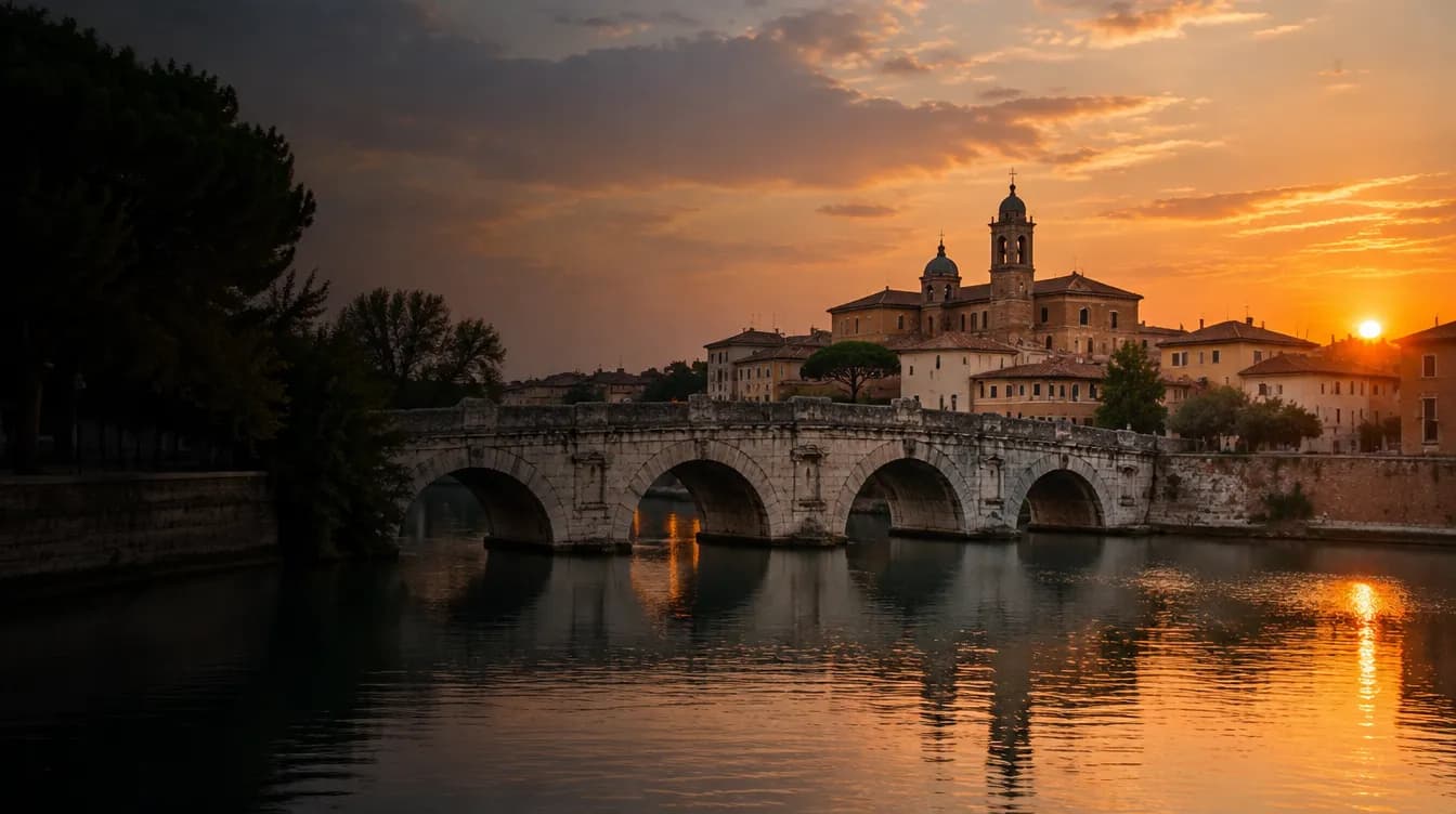 Il Ponte di Tiberio a Rimini riflesso nell'acqua al tramonto