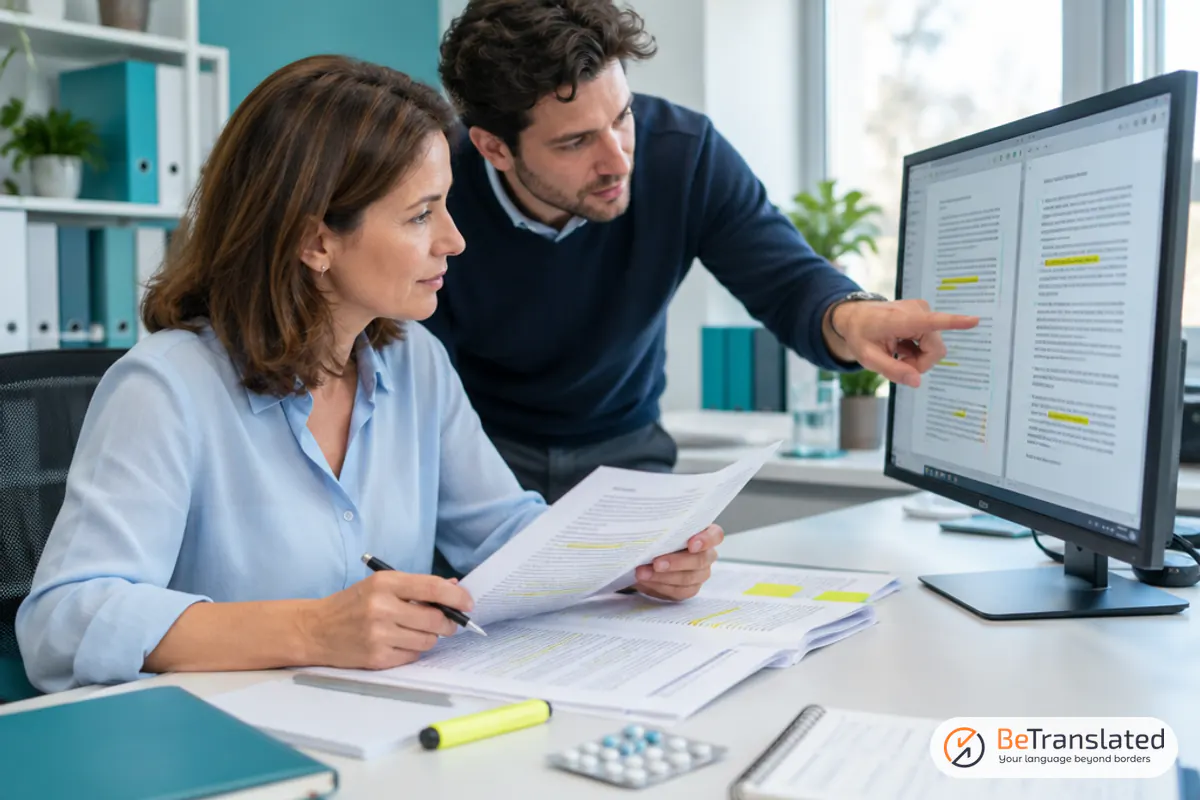 Medical translator and a second linguist reviewing a translated clinical study report side by side
