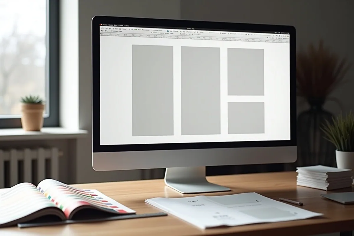 Postazione di impaginazione con un layout di pagina pronto per una brochure tradotta