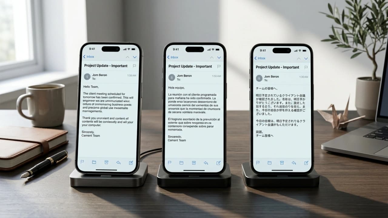 Multilingual email campaign templates being reviewed across desktop and mobile devices