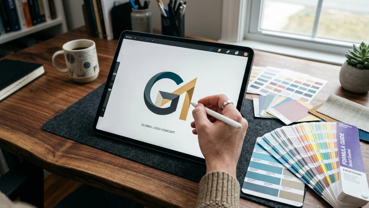 Logo design and brand identity assets being reviewed across stationery, packaging, and digital touchpoints