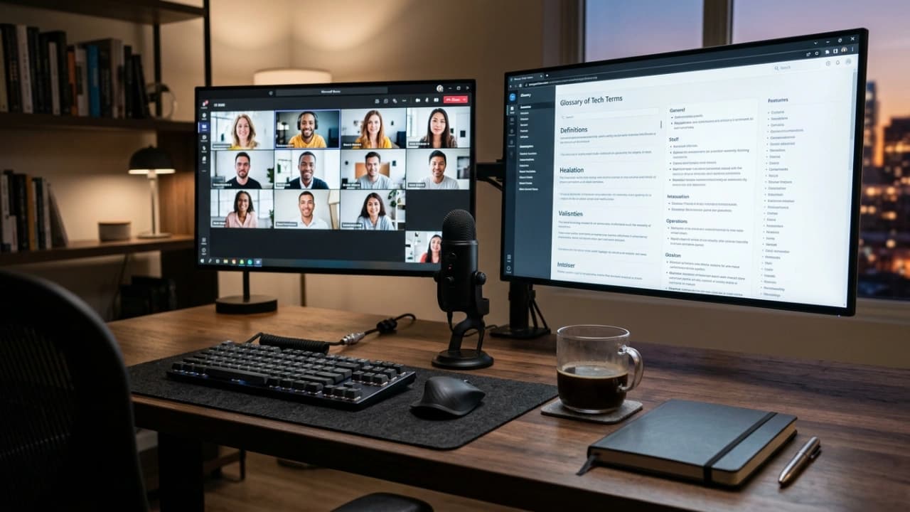 Remote simultaneous interpreting setup with dual screens, broadcast headset, and live interpreter audio routing