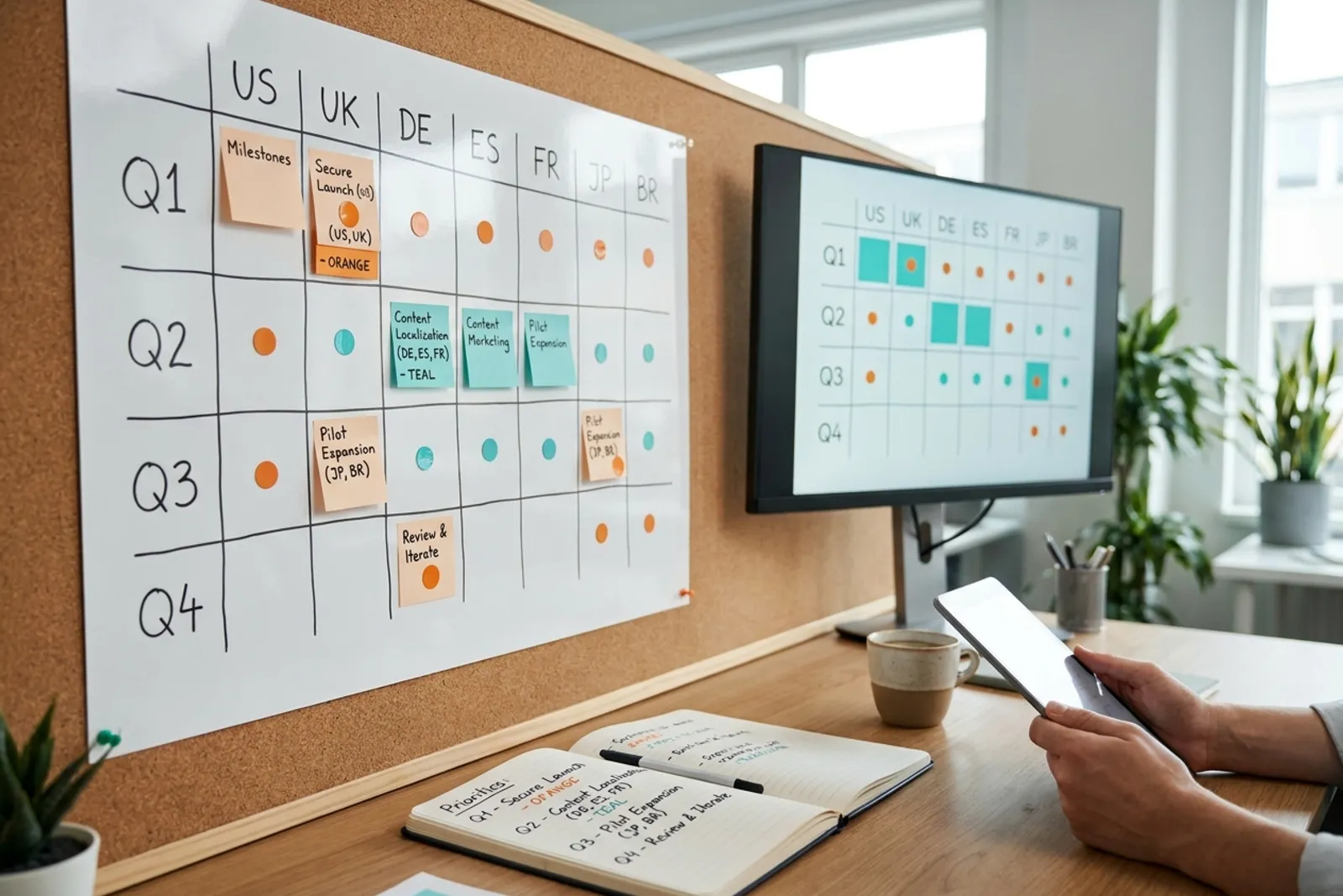 Multi-quarter international SEO rollout plan mapping target markets, milestones, and quarterly priorities