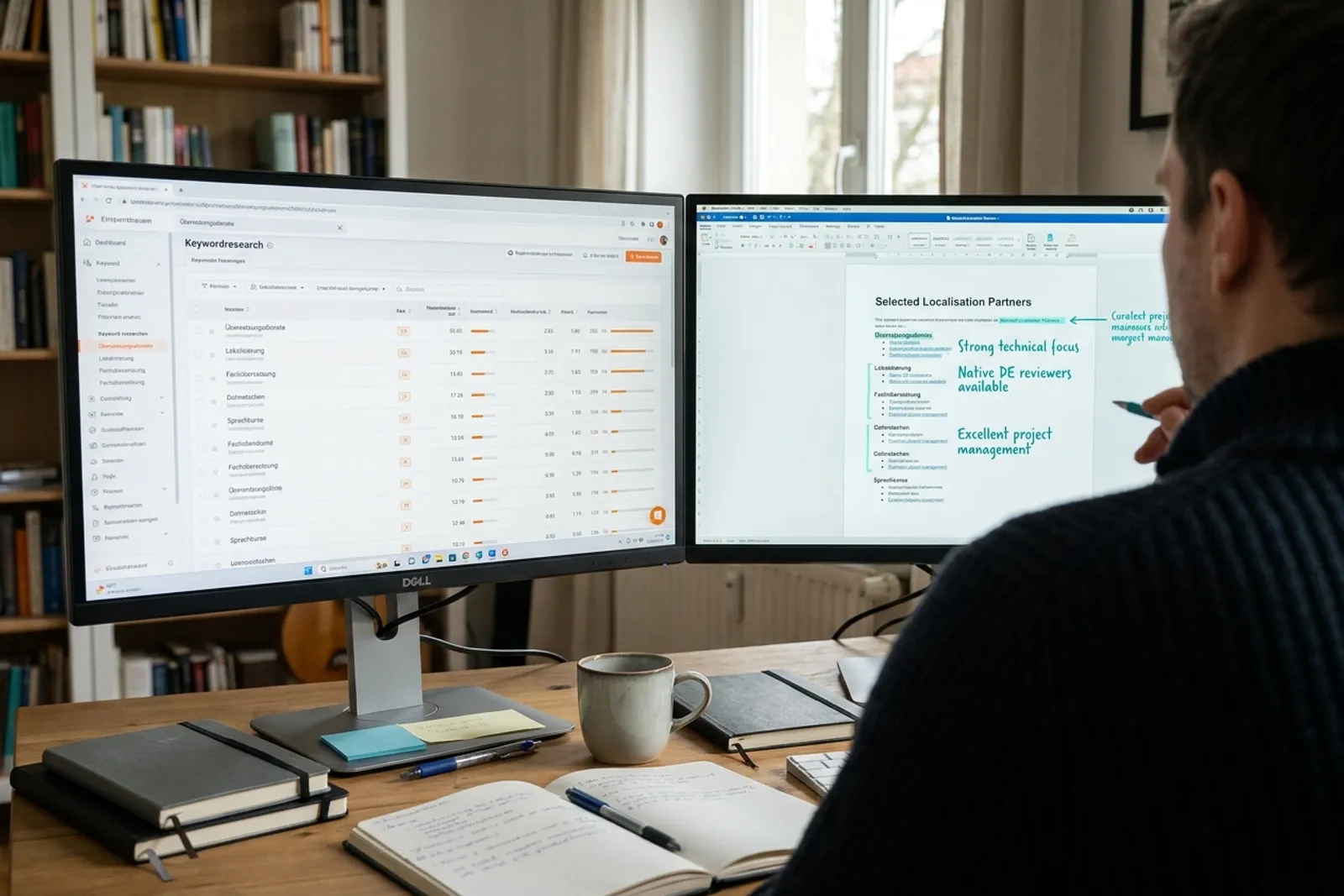 Native-speaker keyword research workspace with German keyword lists and curated commentary in margins