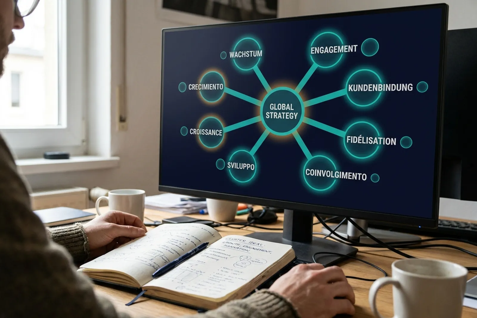 Keyword cluster diagram on a large monitor showing supporting keyword clusters labeled in multiple languages with traffic-volume sizing