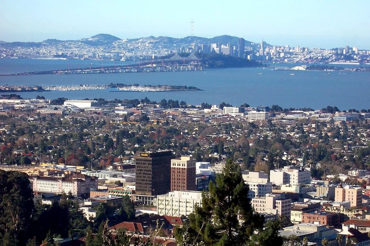 Downtown Berkeley with the Bay Bridge and San Francisco in the background