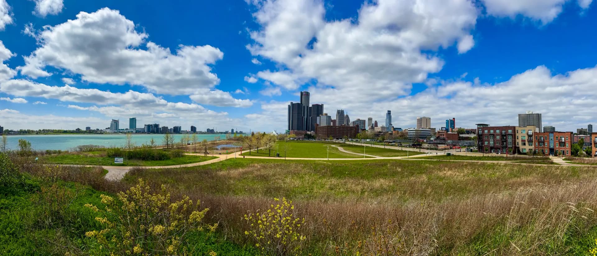 Detroit skyline panorama viewed from the Riverwalk