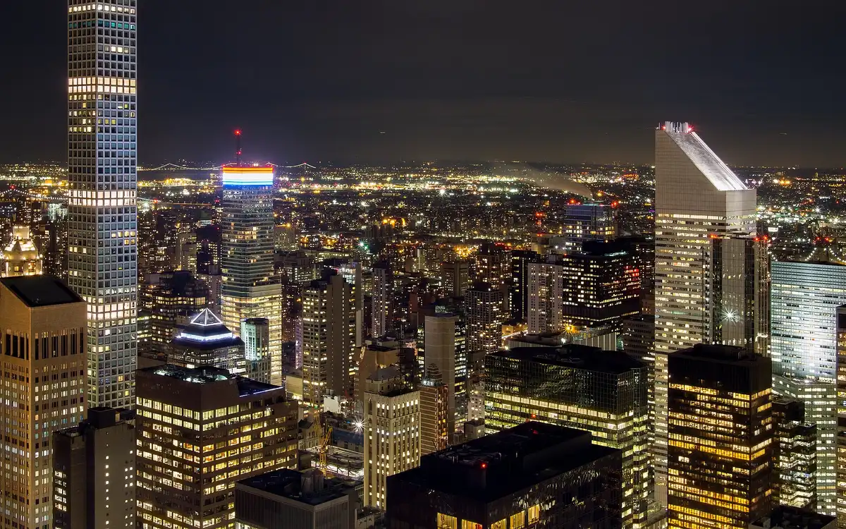 Midtown Manhattan office towers at night, seen from Rockefeller Center