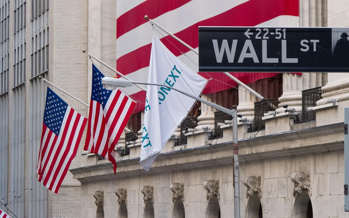 Wall Street sign in front of the New York Stock Exchange, Manhattan