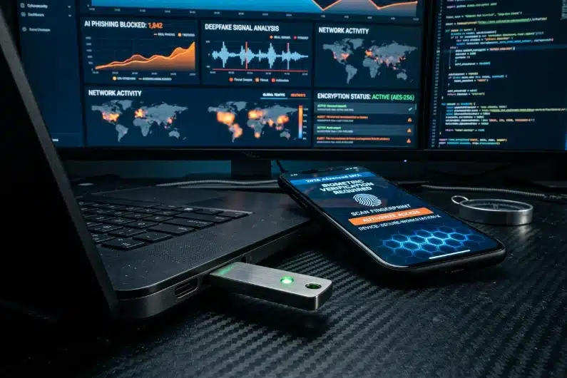 A professional cybersecurity setup showing hardware security keys and a digital dashboard monitoring AI phishing and ransomware threats to ensure business safety in 2026.