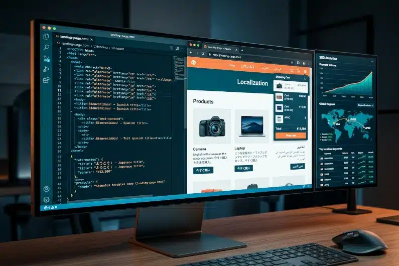A comprehensive website localization guide illustrating technical SEO optimization, multilingual content adaptation, and global market expansion strategies.