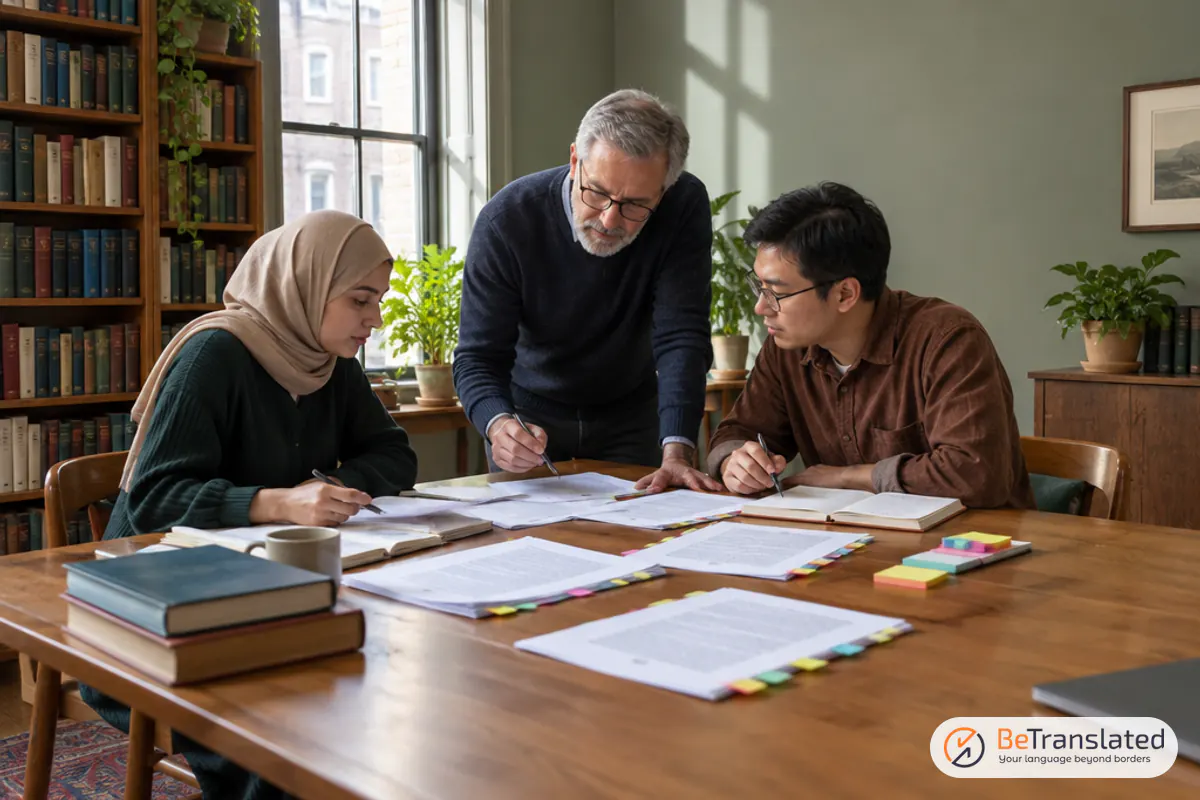 Linguists reviewing printed proofs around a wooden table in a boutique translation agency office