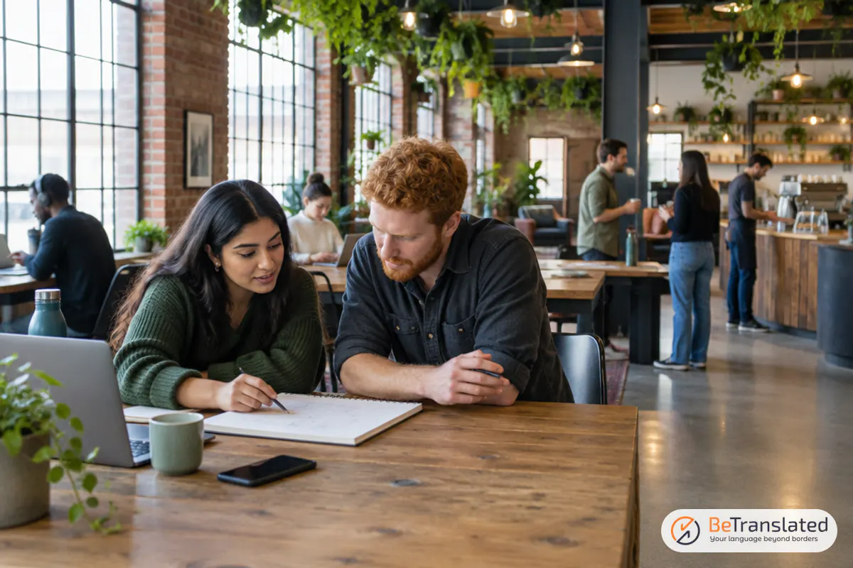 Professionals from different startups collaborating at shared tables in one of the city's coworking spaces