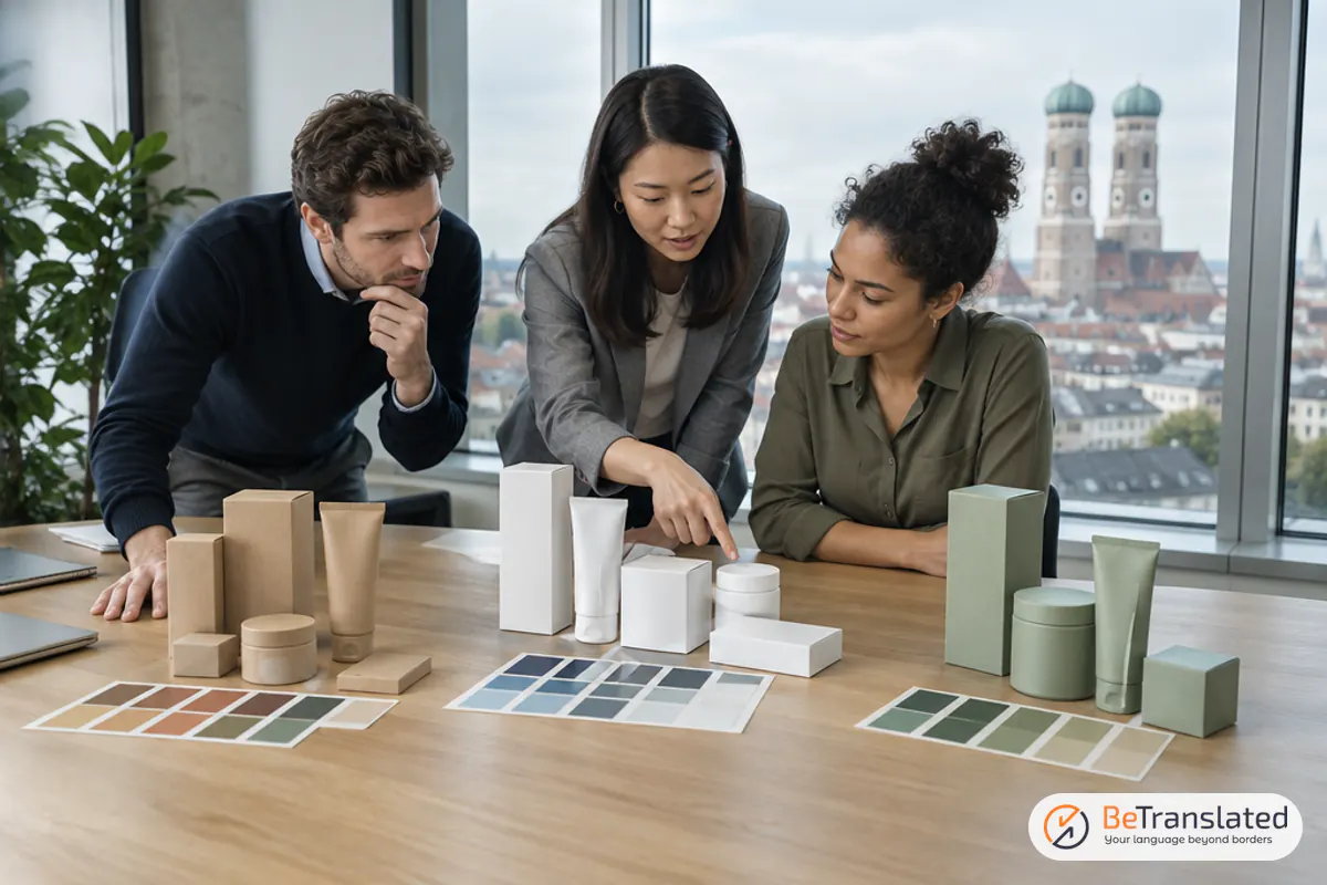 Marketing team reviewing packaging mockups for German localization in a Munich meeting room near the old town