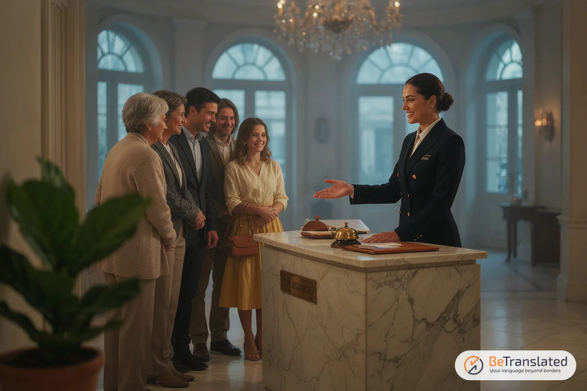 Hotel concierge helping a multigenerational family of guests at the lobby desk