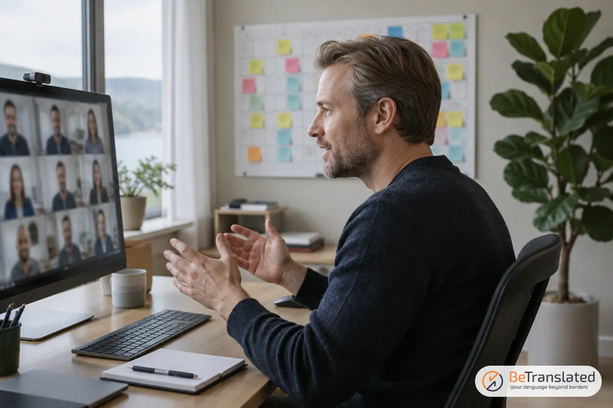 Manager holding a weekly video check-in with his team, a steady routine for managing remote workers