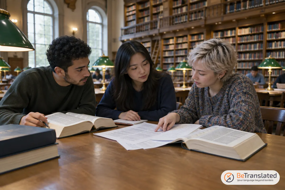 Translation students comparing dictionaries in a university library, sharing tips for their coursework