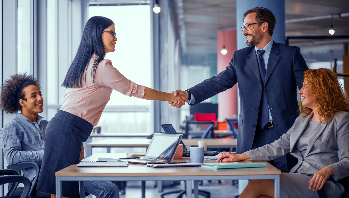 Business partners shaking hands across a meeting table in a modern corporate office