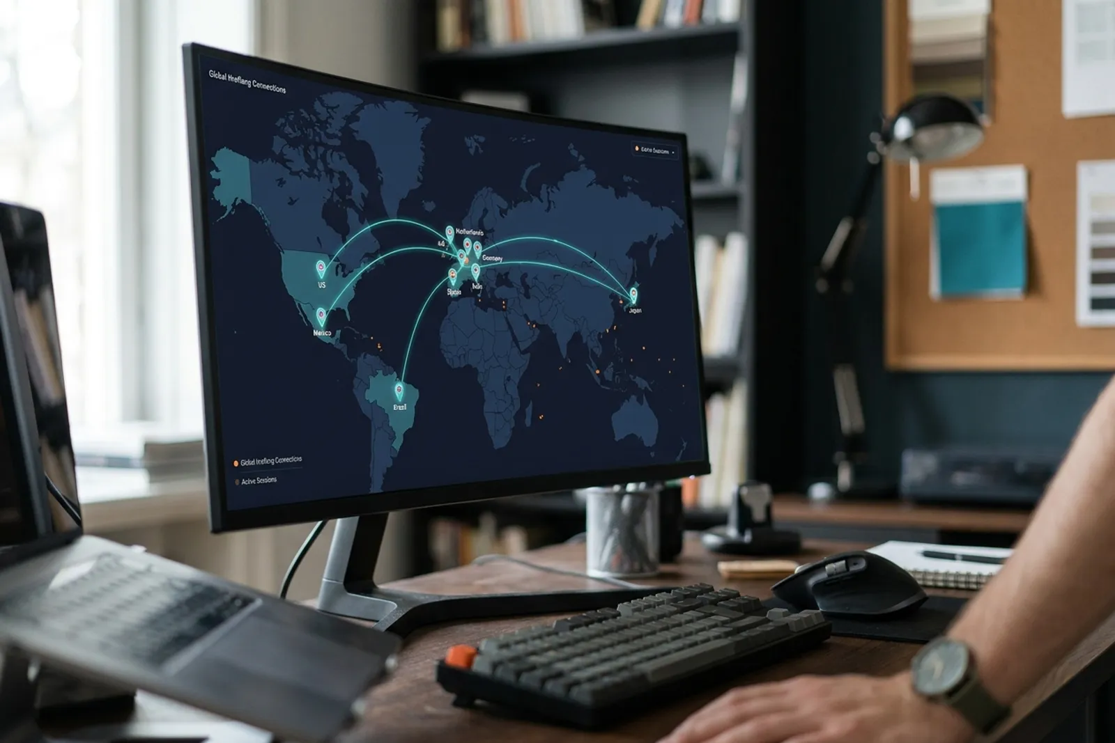 World map on a monitor with country pins lit at US, UK, ES, DE, FR, IT, NL, JP, BR, MX connected by hreflang relationship lines in teal