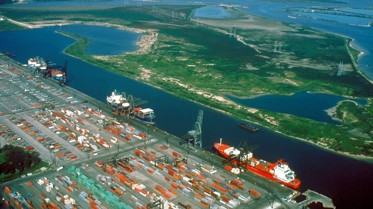 Aerial view of the Houston Ship Channel and Barbours Cut terminal