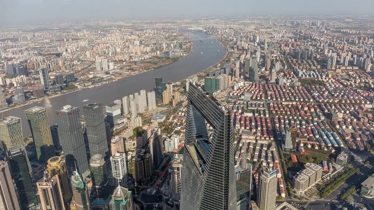 Aerial view of Lujiazui and the Huangpu River from Shanghai Tower