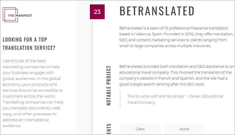 BeTranslated recognized as a top translation service by The Manifest