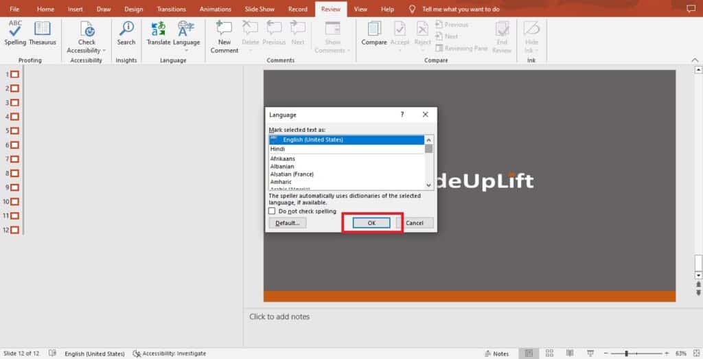 PowerPoint Review tab showing the Language menu