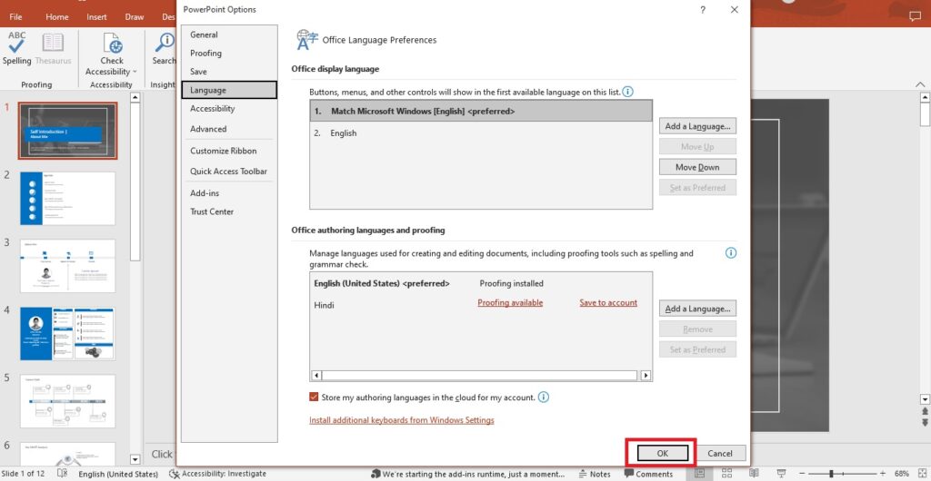 PowerPoint Office authoring and proofing settings panel