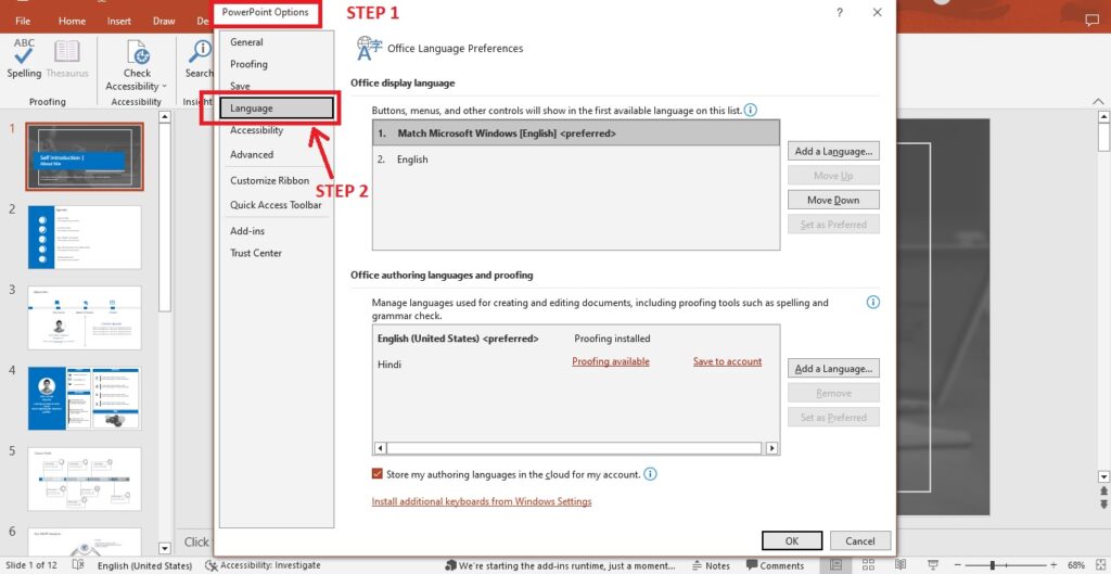 PowerPoint final confirmation of the proofing language change