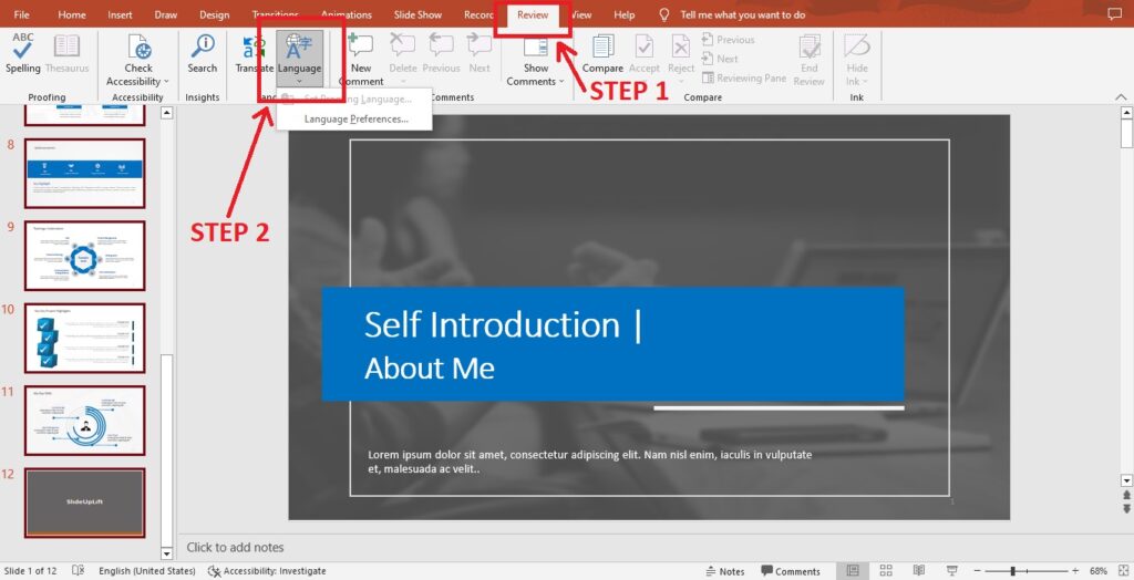 PowerPoint language selection list