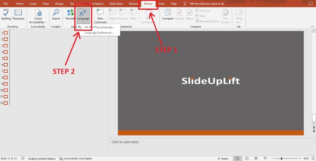 PowerPoint applying the proofing language to selected text
