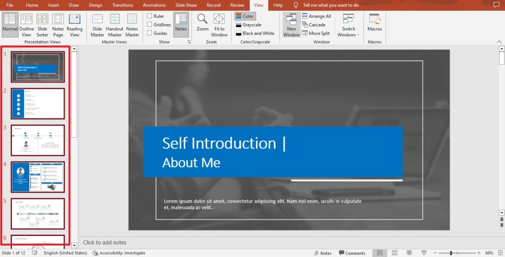 PowerPoint slide showing the updated proofing language