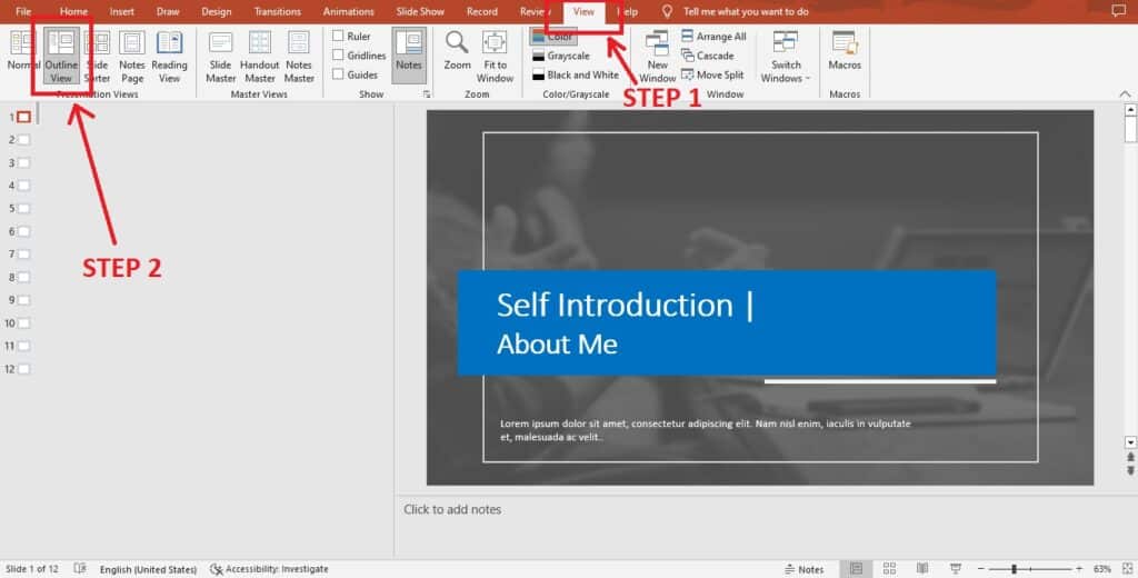 PowerPoint opening the Review menu for language settings