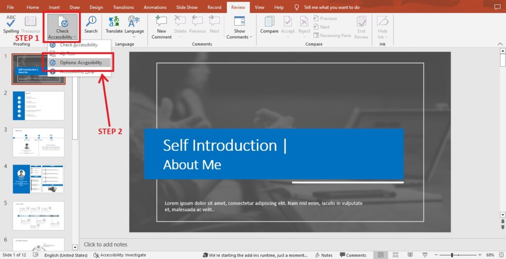PowerPoint verifying the new proofing language applied to the slide