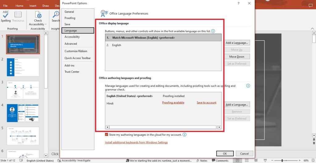 PowerPoint default language preferences in Office options