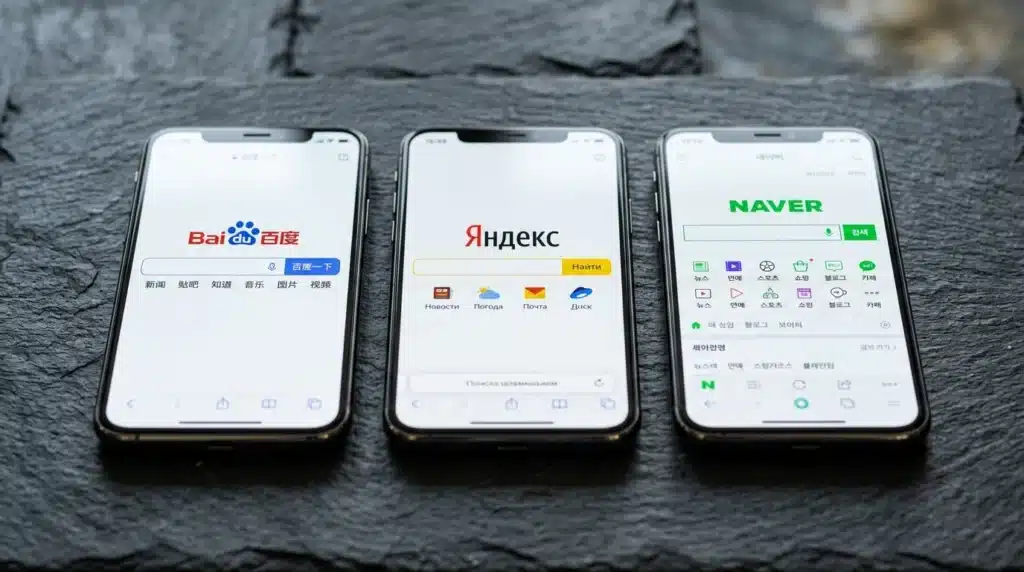International local search engines including Baidu, Yandex, and Naver