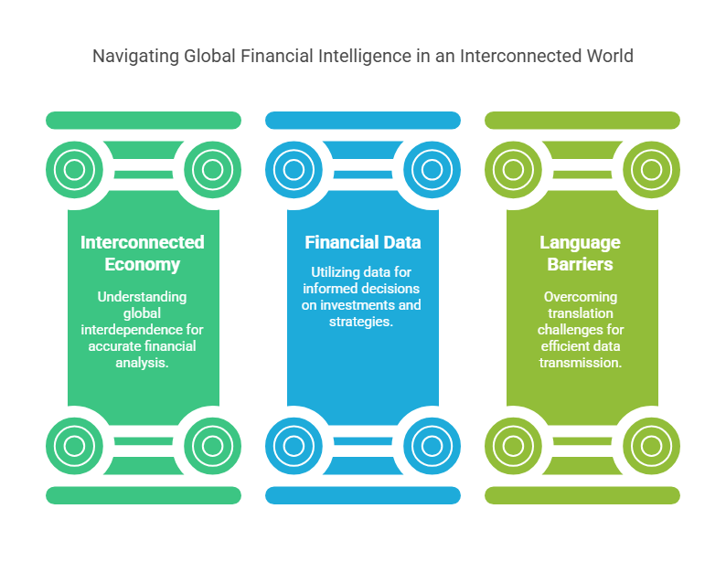 Three-panel infographic titled Navigating Global Financial Intelligence in an Interconnected World, with panels for interconnected economy, financial data and language barriers