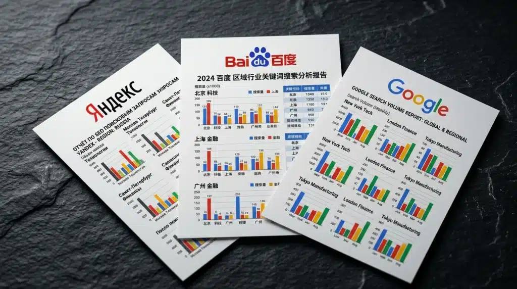 Localized keyword research comparing Baidu, Yandex, and Google results