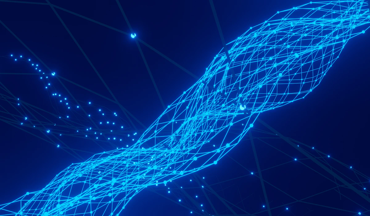 An abstract network of glowing blue lines and connected dots