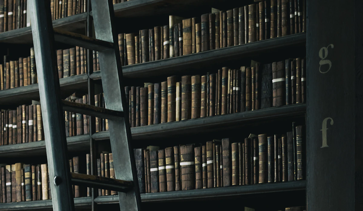 A wooden ladder against tall shelves of antique leather-bound books