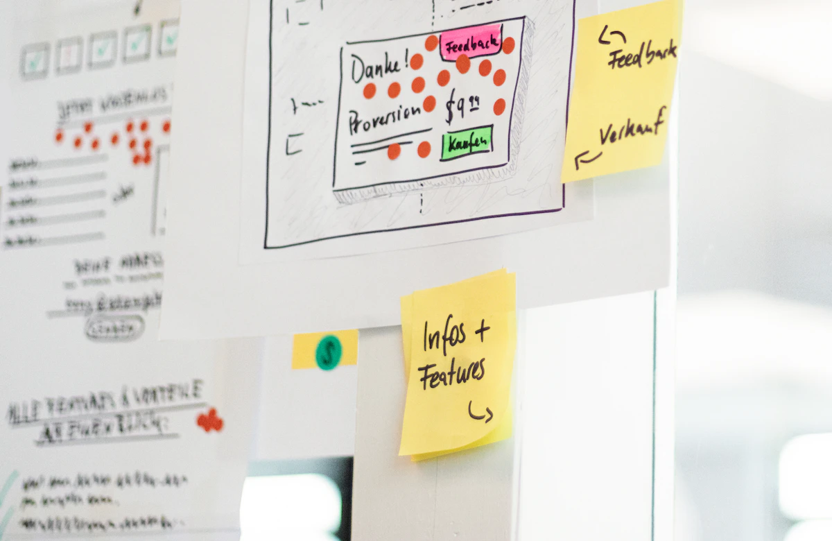 Hand-drawn website wireframes pinned to a wall with yellow sticky notes, annotated in German with 