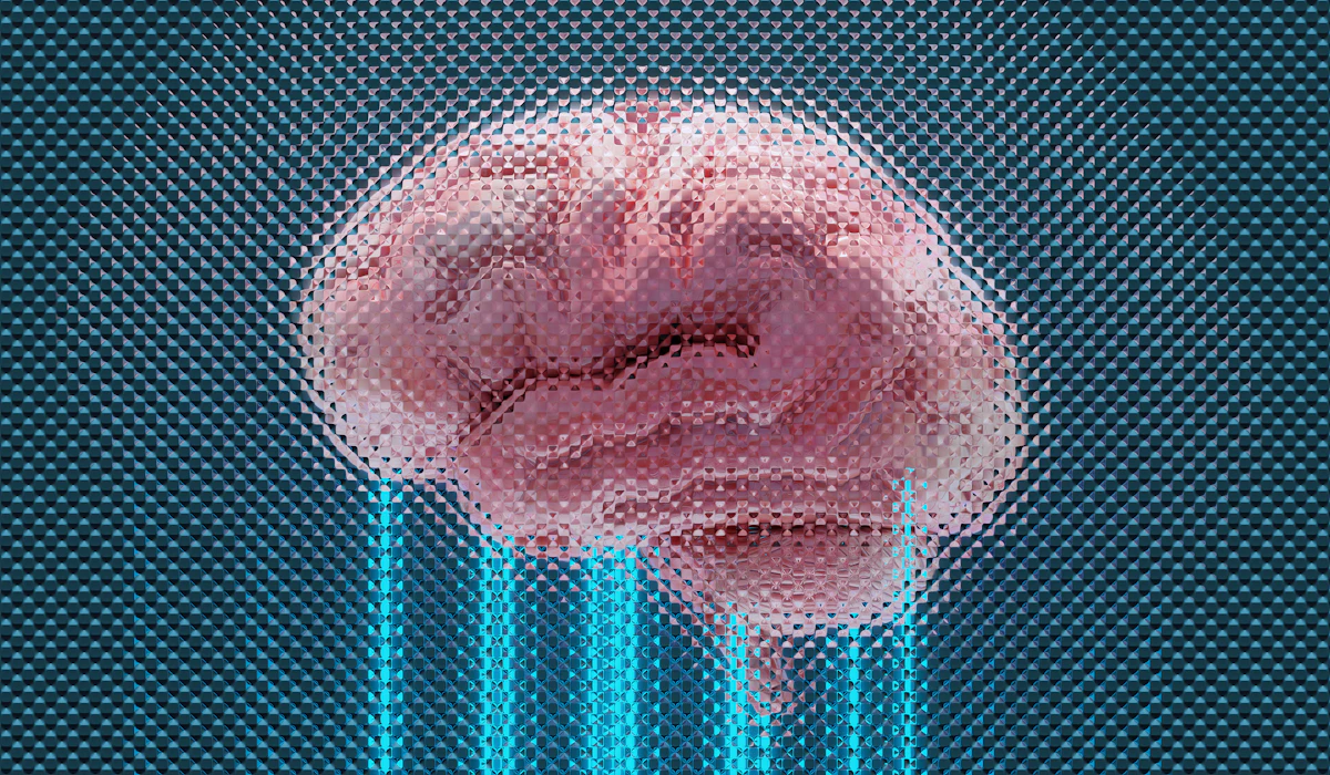 An abstract illustration of a brain with glowing blue data streams